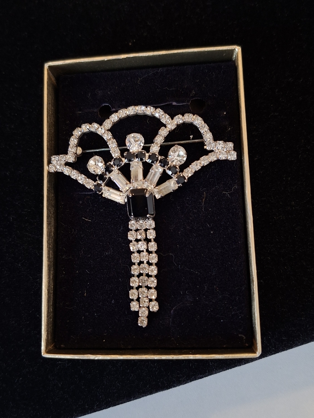 Crystal Fan Drop Brooch - Silver Tone with Clear AND BLACH Stones